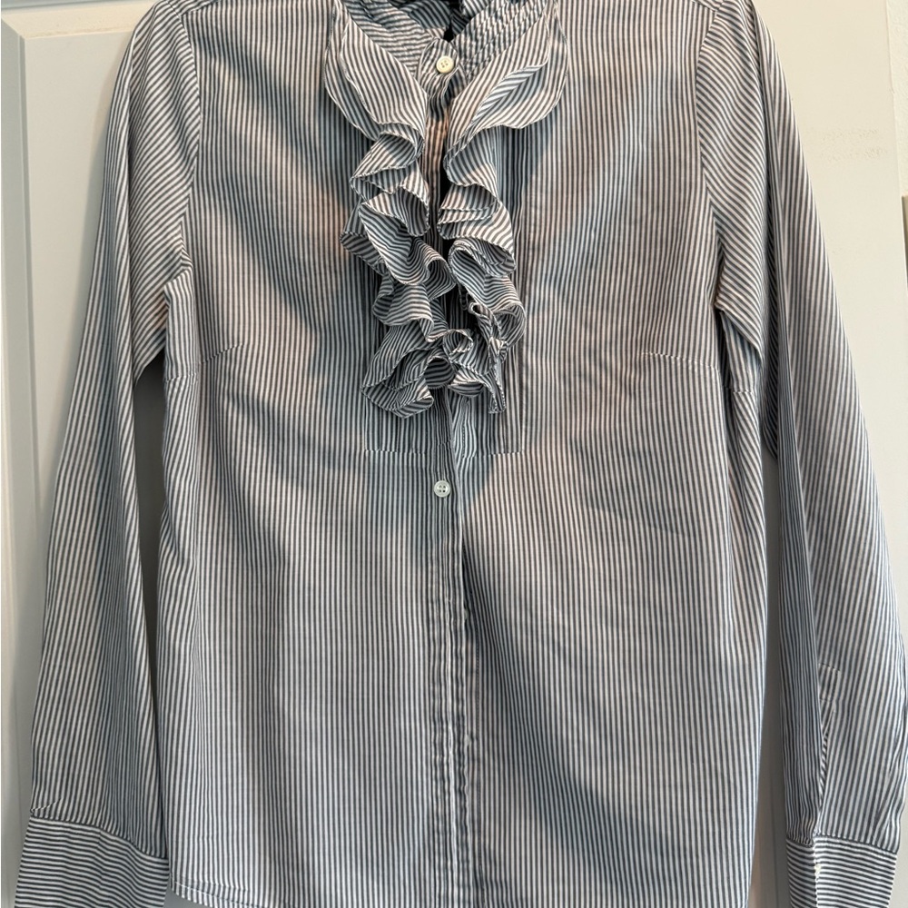 J Crew Charcoal/White Striped Ruffle Front Blouse, size 6, EUC